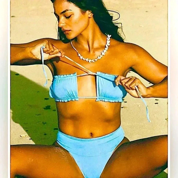 Free People Toast Scoop Ribbed Ruffle Bikini Set Bandeaux Top Hi Hip Bottom New - Picture 6 of 13